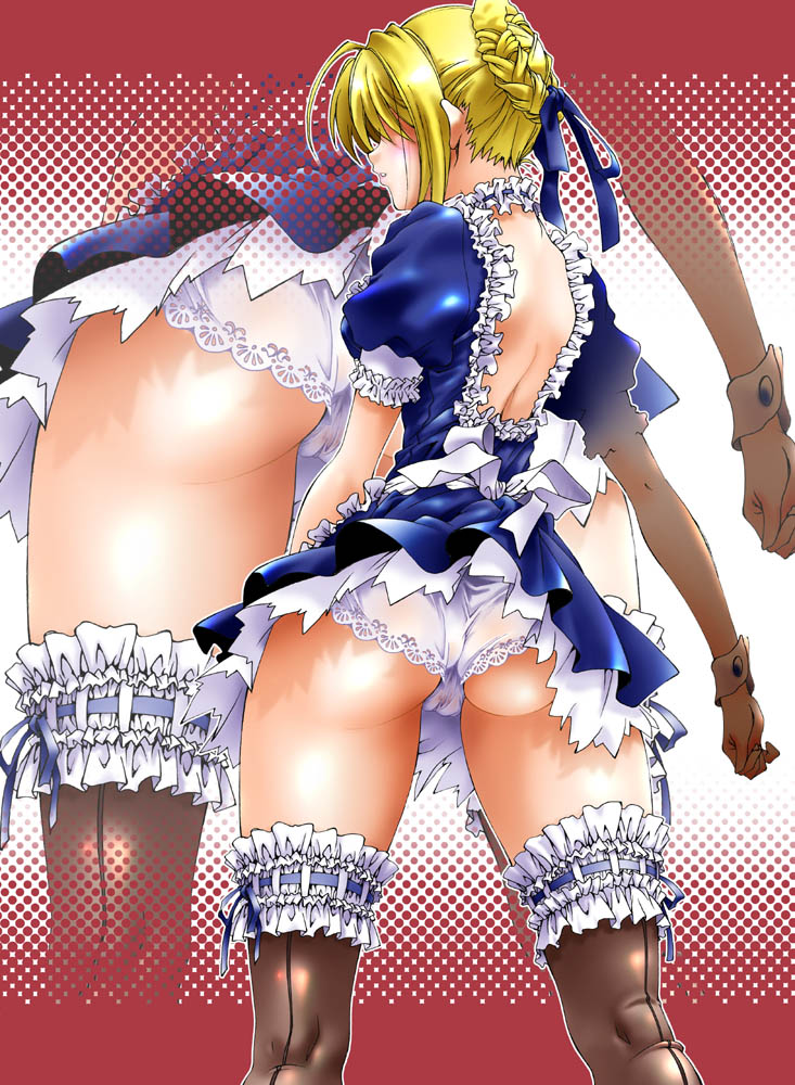 alternate_costume artoria_pendragon_(all) ass back black_legwear blonde_hair bow cameltoe dress fate/stay_night fate_(series) from_behind garters hair_bow natsuno_suika panties saber solo thighhighs underwear white_panties wrist_cuffs zoom_layer