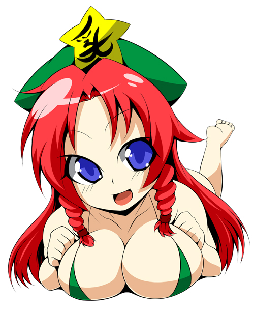 :d bikini blue_eyes braid breast_press breasts cleavage hat hong_meiling large_breasts long_hair looking_at_viewer lying on_stomach open_mouth red_hair simple_background smile solo swimsuit the_pose toudori touhou translated twin_braids