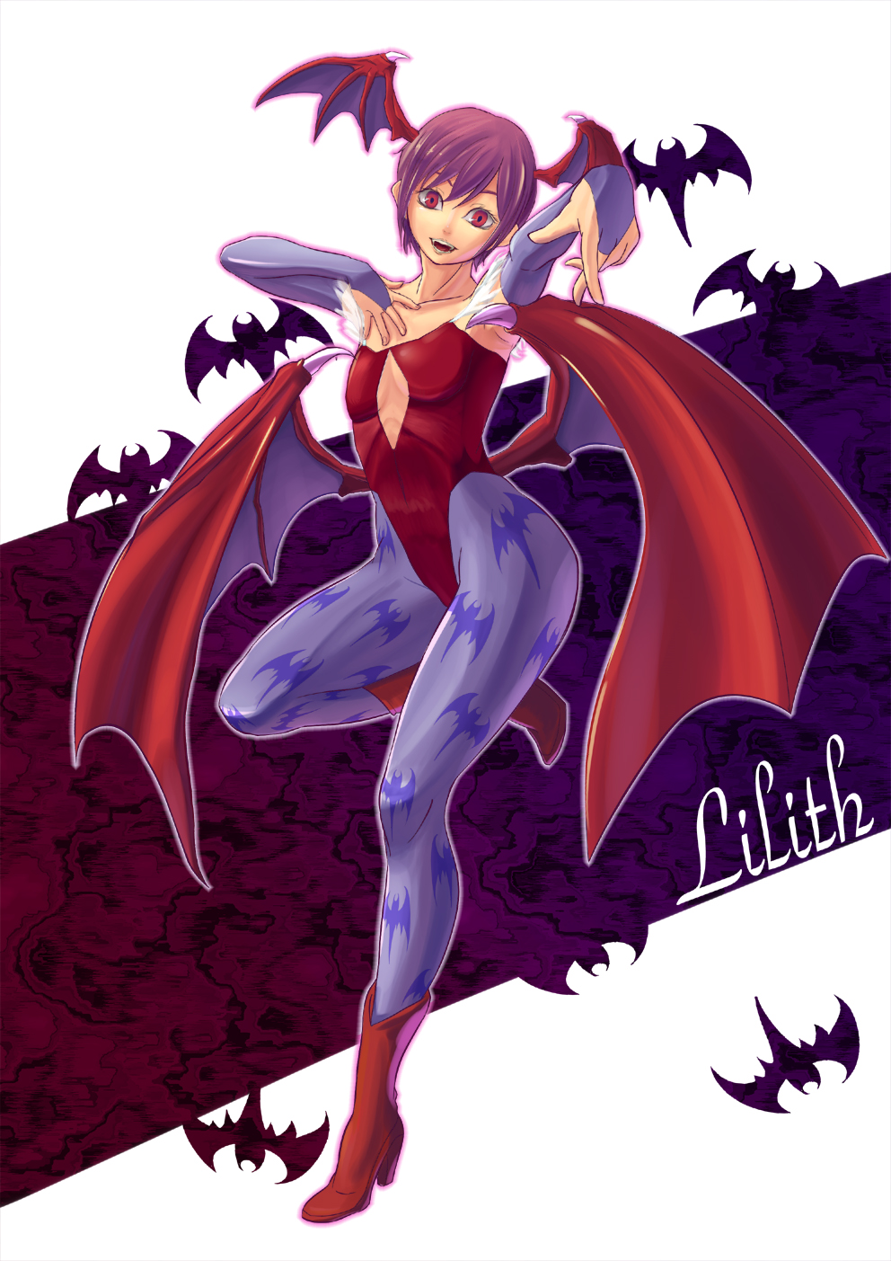 animal_print bare_shoulders bat_print bat_wings boots breasts character_name cleavage elbow_gloves fangs fingerless_gloves flat_chest gloves head_wings highres leotard lilith_aensland mizuke_no_nai_tofu open_mouth pantyhose print_legwear purple_hair red_leotard short_hair small_breasts smile solo vampire_(game) wings