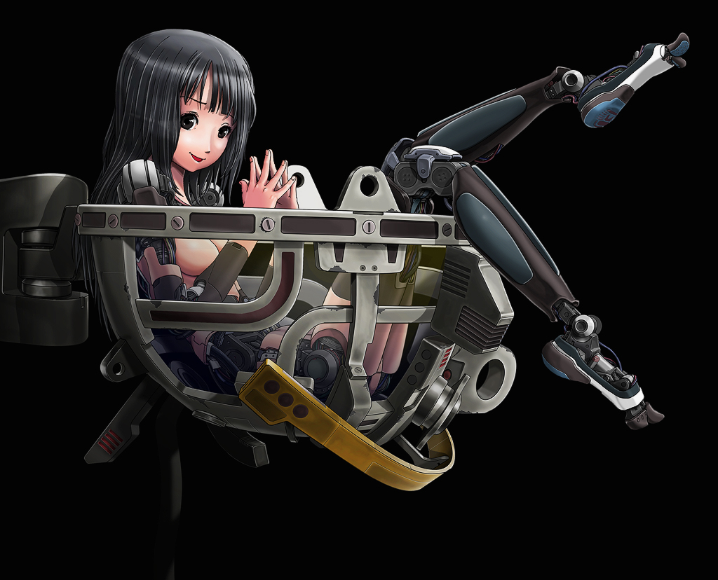 android bad_id bad_pixiv_id bangs black_eyes black_hair blunt_bangs breasts leg_lift legs long_hair medium_breasts nude open_mouth original robot_joints sitting smile solo sukabu