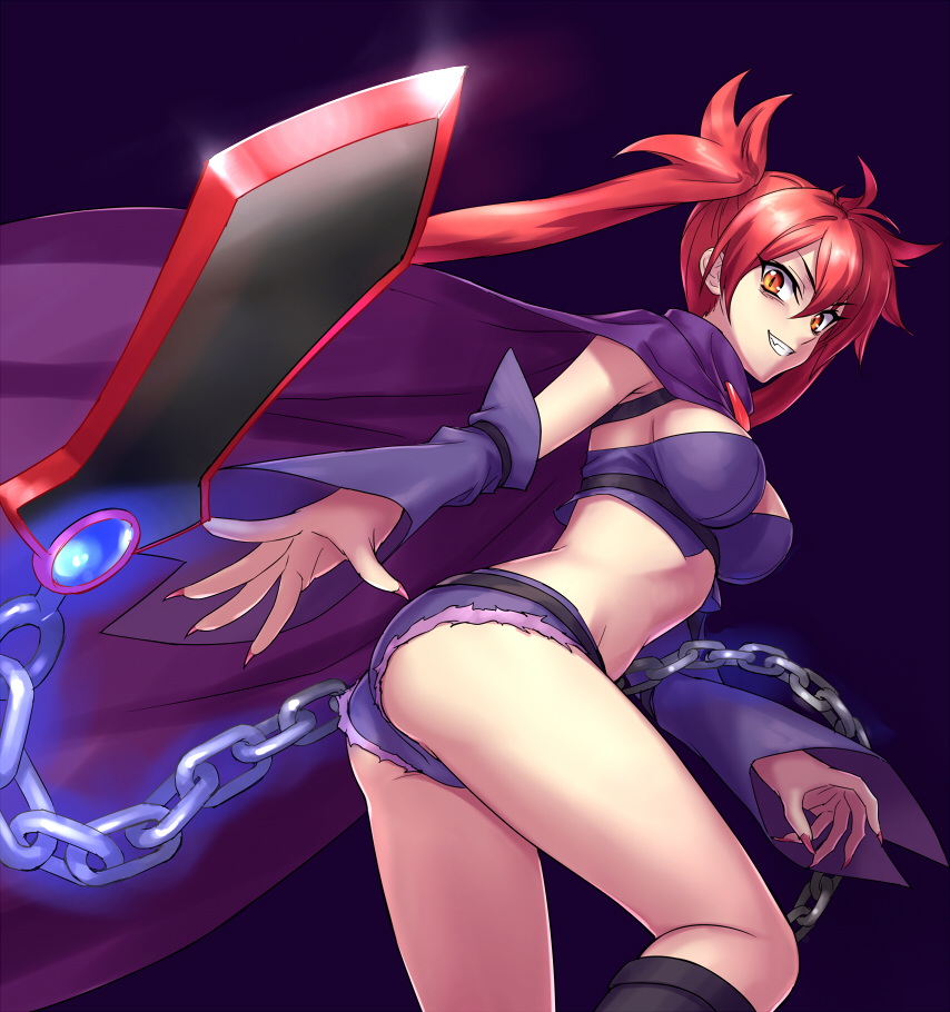 arcana_heart arcana_heart_3 ass breasts cape chain cleavage fang fingernails grin long_hair looking_back medium_breasts midriff nibai red_hair scharlachrot short_shorts shorts smile solo twintails very_long_hair weapon yellow_eyes