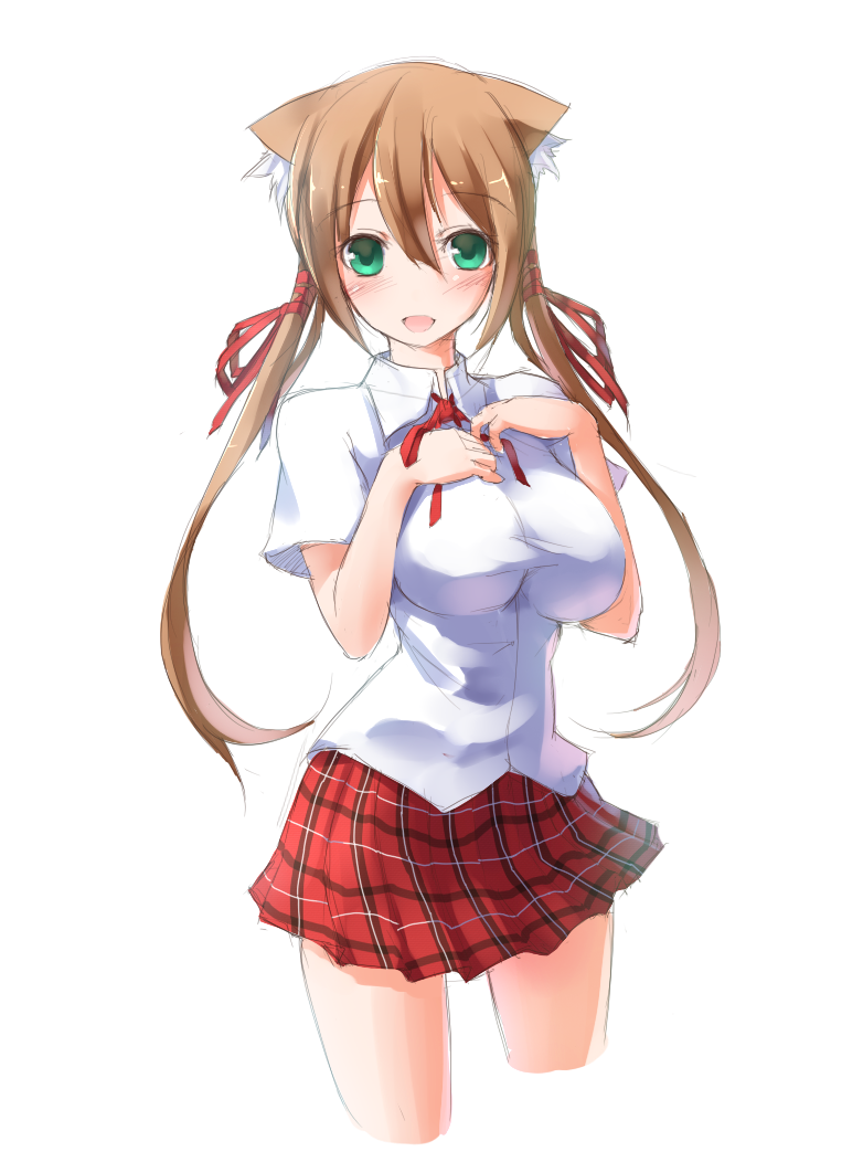 animal_ears breasts brown_hair cowboy_shot cropped_legs green_eyes hair_ribbon impossible_clothes impossible_shirt large_breasts long_hair open_mouth original plaid plaid_skirt ribbon school_uniform shirt sketch skirt solo twintails zenn