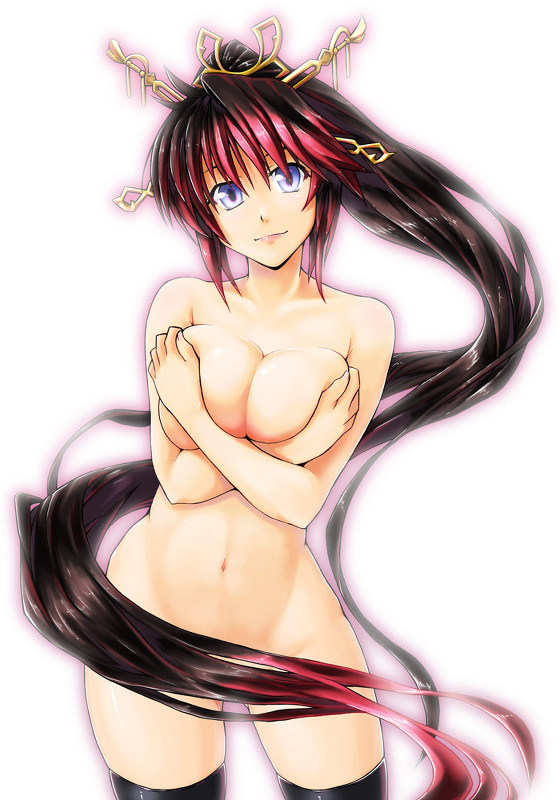 alto-00 black_hair blue_eyes breast_hold breasts censored convenient_censoring large_breasts long_hair multicolored_hair nanbu_kaguya nude solo super_robot_wars super_robot_wars_og_saga_mugen_no_frontier thighhighs two-tone_hair very_long_hair