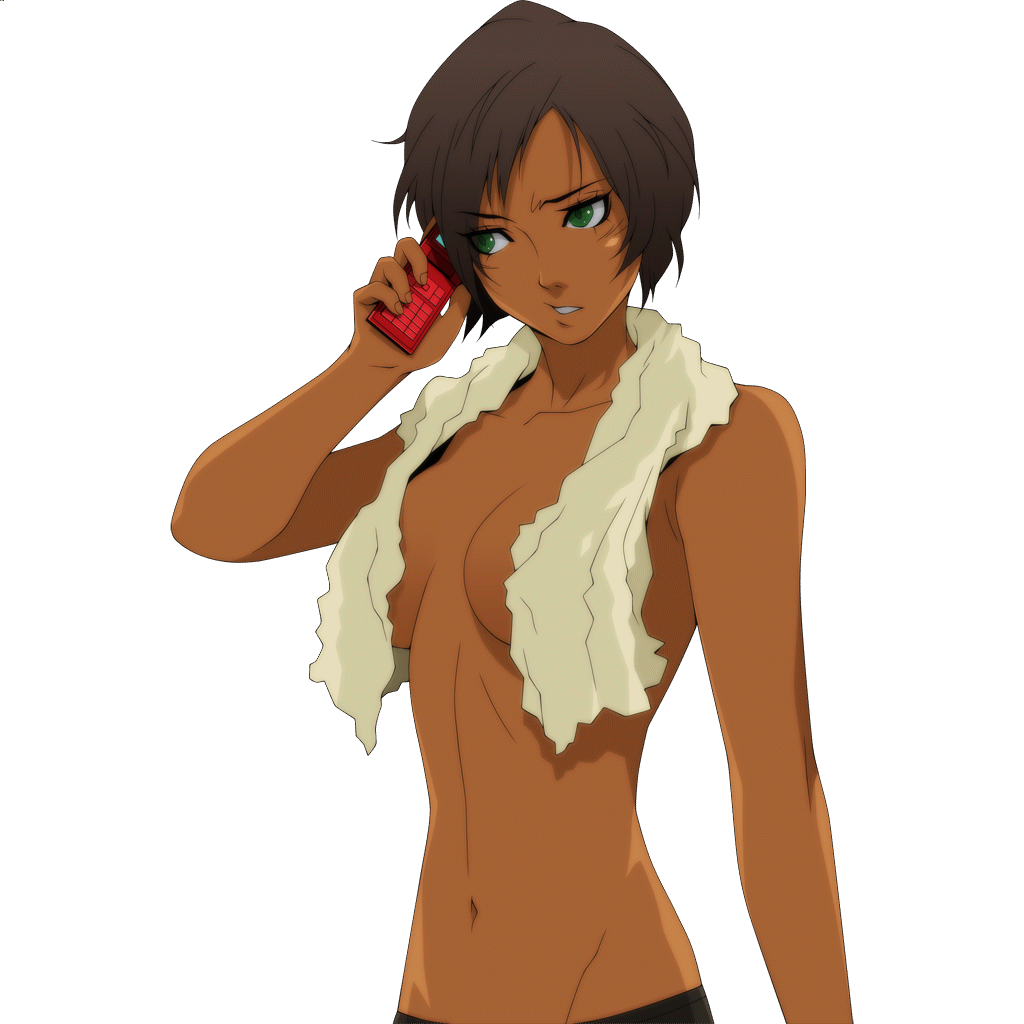 black_hair breasts cellphone chou_shittou_caduceus cleavage dark_skin doi_masayuki green_eyes groin hospital_rokunin_no_ishi lowleg maria_torres medium_breasts navel official_art phone short_hair solo topless towel towel_around_neck transparent_background upper_body