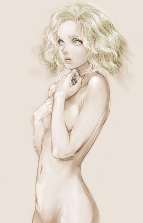 bad_id bad_pixiv_id blonde_hair breasts fingernails green_eyes ikeda_masateru lips medium_breasts metal_gear_(series) metal_gear_solid_peace_walker navel nude out-of-frame_censoring paz_ortega_andrade pink_background short_hair simple_background solo