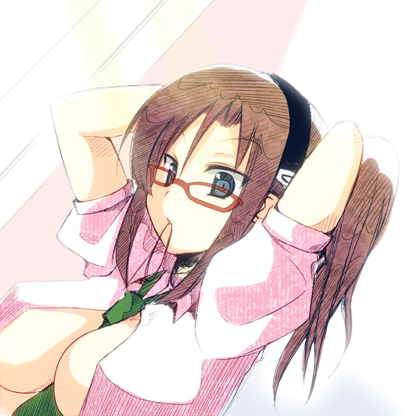 adjusting_hair bad_id bad_pixiv_id between_breasts blue_eyes breasts brown_hair evangelion:_2.0_you_can_(not)_advance glasses large_breasts makinami_mari_illustrious mouth_hold necktie neon_genesis_evangelion open_clothes open_shirt rebuild_of_evangelion shirt short_sleeves sideboob solo sondenkou toki_ai