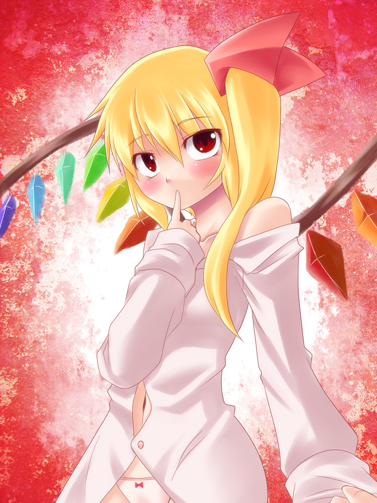 bad_id bad_pixiv_id bare_shoulders blonde_hair blush bow bow_panties crystal finger_to_mouth flandre_scarlet kuon_yashiro panties ponytail red_eyes ribbon side_ponytail solo touhou underwear wings