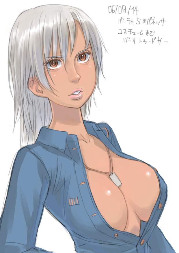 breasts brown_eyes cleavage copyright_request dark_skin jewelry medium_breasts necklace open_clothes open_shirt shirt solo white_hair zenkou