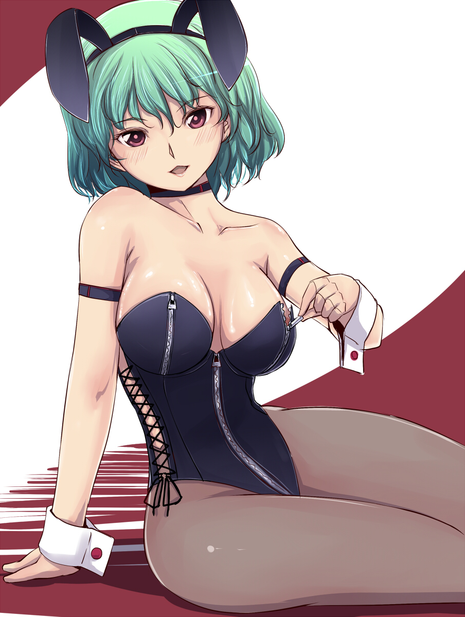 :&lt;&gt; animal_ears breasts breasts_apart bunny_ears bunny_girl bunnysuit choker fake_animal_ears green_hair gustav_(telomere_na) highres kazami_yuuka large_breasts pantyhose red_eyes short_hair solo thighs touhou unzipping wrist_cuffs zipper