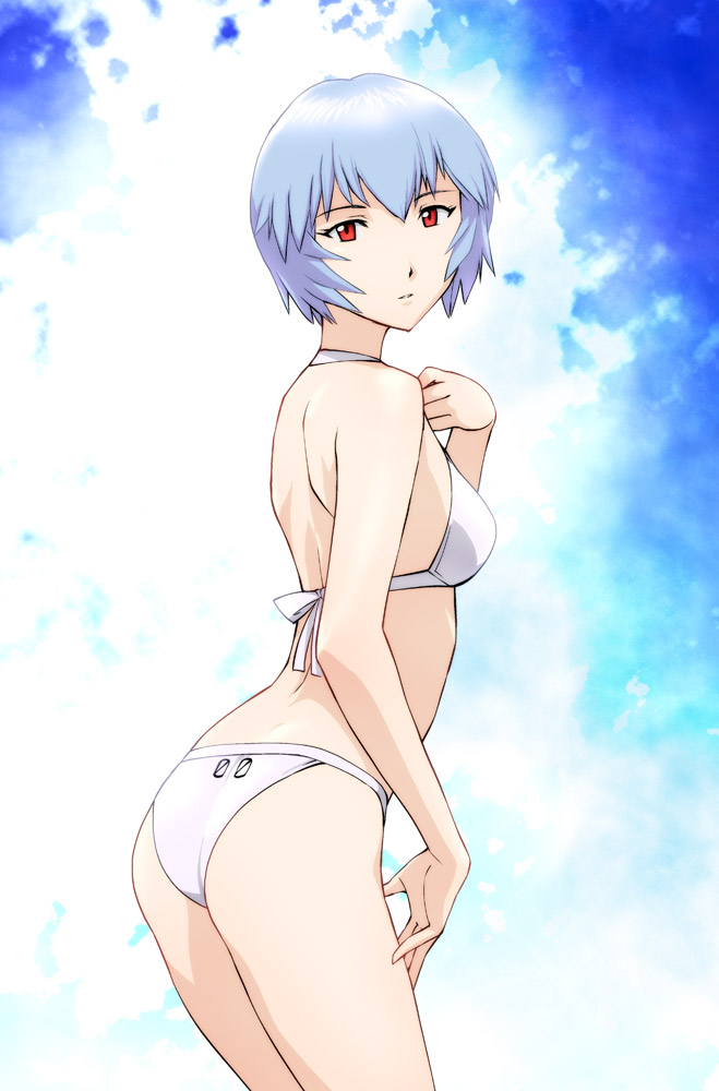 ass ayanami_rei bikini blue_hair flat_ass neon_genesis_evangelion red_eyes short_hair sky solo swimsuit ueyama_michirou