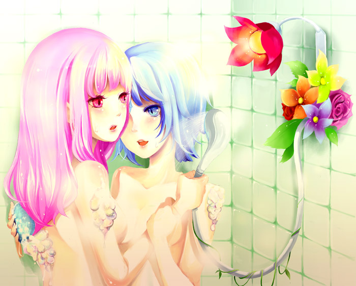 bad_id bad_pixiv_id blue_hair flower haruha_(aeropolis) hug lips multiple_girls nude original pink_hair rose showering slit_pupils sponge yuri