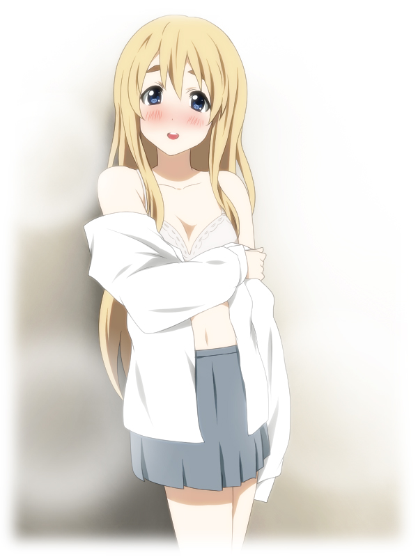 blonde_hair blue_eyes blush bra face ikari_manatsu k-on! kotobuki_tsumugi lingerie long_hair open_clothes open_shirt school_uniform shirt solo underwear undressing