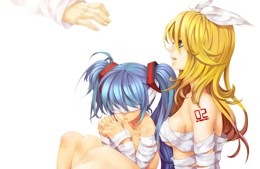 alternate_hair_length alternate_hairstyle bad_id bad_pixiv_id bandages bandages_over_eyes blindfold blonde_hair blue_eyes blue_hair hatsune_miku kagamine_rin long_hair multiple_girls naked_bandage nude older out_of_frame ribbon tattoo twintails vocaloid younger zakki