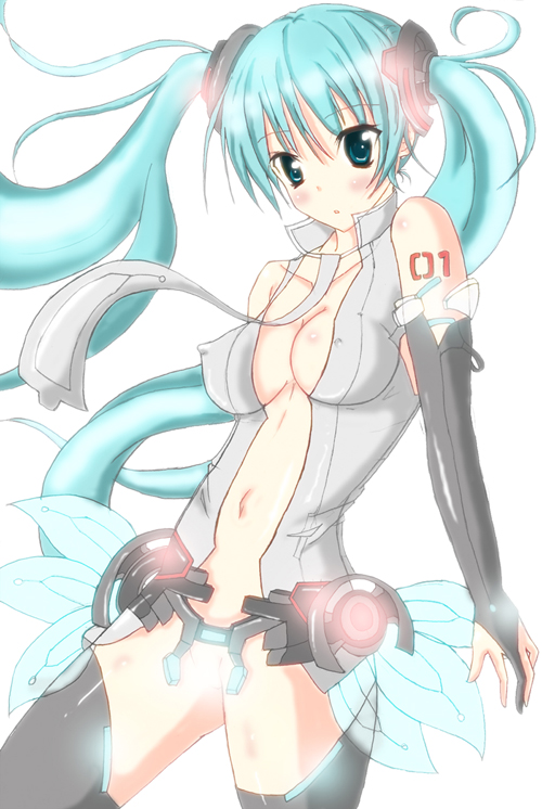 :o aqua_eyes aqua_hair bad_id bad_pixiv_id blush breasts bridal_gauntlets censored center_opening cleavage convenient_censoring covered_nipples elbow_gloves gloves hatsune_miku hatsune_miku_(append) impossible_clothes impossible_shirt long_hair medium_breasts miku-hadu navel necktie shirt solo thighhighs vocaloid vocaloid_append