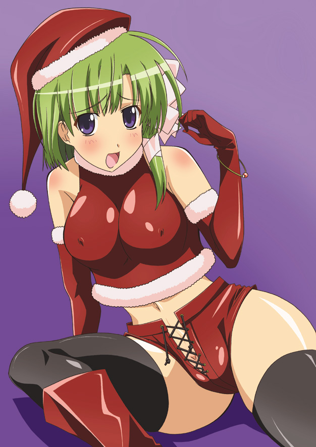ahoge blush boots breasts covered_nipples elbow_gloves gloves green_hair hat large_breasts open_mouth paopa_ship pussy_peek santa_hat shigure_asa short_hair shuffle! solo thighhighs