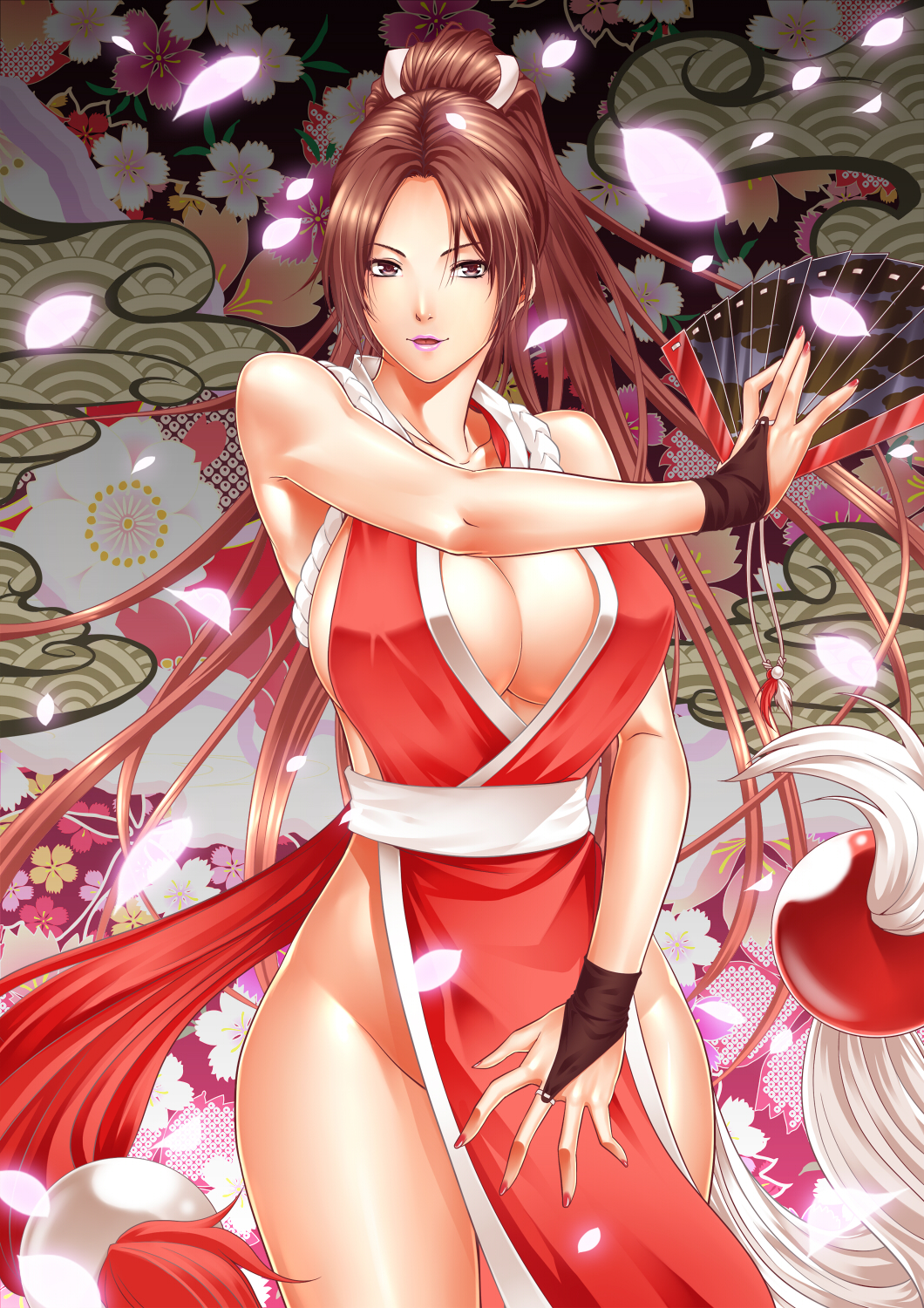 bad_id bad_pixiv_id breasts brown_eyes brown_hair cleavage fan fatal_fury folding_fan highres large_breasts long_hair pelvic_curtain petals ponytail revealing_clothes seigaiha shiranui_mai smile solo the_king_of_fighters zucchini