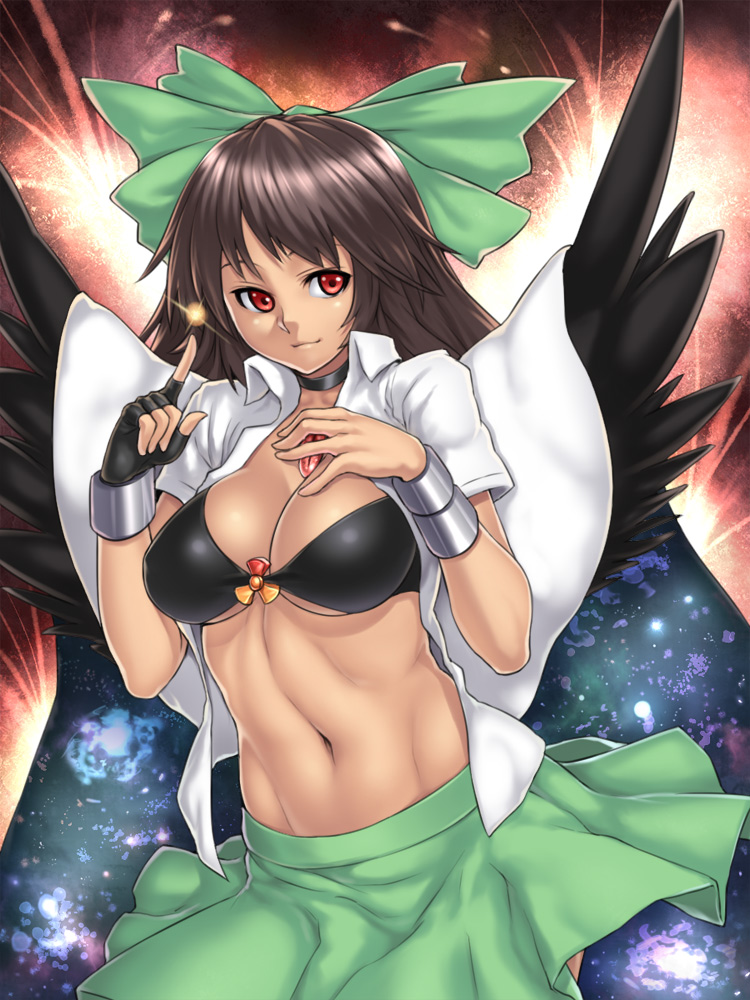 abs bikini_top bow breasts brown_hair cape cleavage eyes fingerless_gloves gloves green_bow hair_bow houtengeki large_breasts long_hair navel open_clothes open_shirt red_eyes reiuji_utsuho shirt skirt solo touhou underboob wings