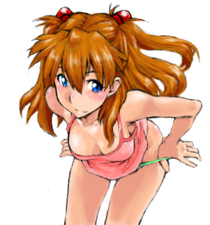 bent_over blue_eyes breasts brown_hair camisole cleavage downblouse evangelion:_2.0_you_can_(not)_advance foreshortening harukaze_koucha long_hair lowres medium_breasts neon_genesis_evangelion no_pants panties panty_pull rebuild_of_evangelion shikinami_asuka_langley simple_background smile solo souryuu_asuka_langley underwear underwear_only