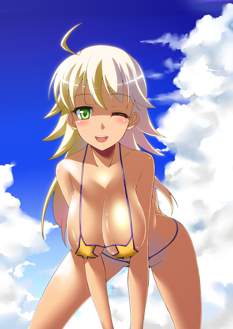 ;d ahoge bent_over bikini blonde_hair breasts cleavage cloud covered_nipples day green_eyes hanging_breasts hoshii_miki huge_breasts idolmaster idolmaster_(classic) leaning_forward long_hair micro_bikini nekokan_(cat's_cradle) one_eye_closed open_mouth outdoors sky smile solo star swimsuit