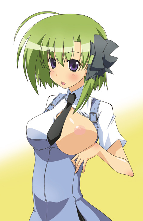 :p ahoge bow breast_slip breasts framed_breasts green_hair hair_bow large_breasts necktie nipples no_bra one_breast_out paopa_ship purple_eyes school_uniform shigure_asa short_hair shuffle! solo tongue tongue_out