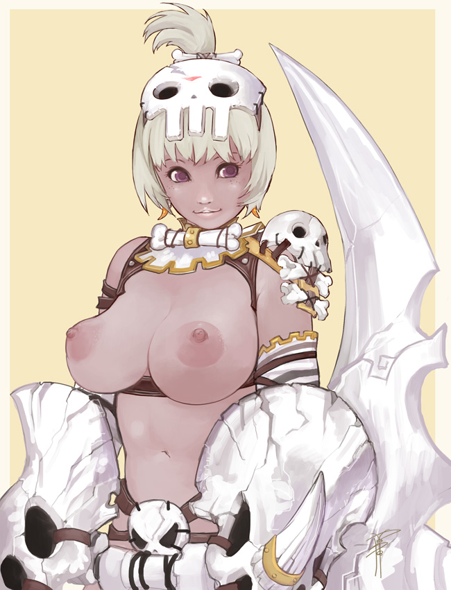 areolae bad_id bad_pixiv_id bone breasts dark_skin earrings jewelry kusagami_style large_areolae large_breasts lips navel nipples original puffy_nipples purple_eyes short_hair shoulder_pads signature simple_background skull smile solo sword topless upper_body weapon white_hair
