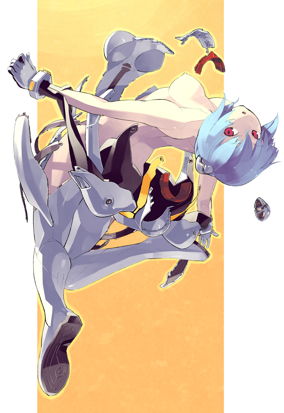 :o arched_back ayanami_rei blue_hair bodysuit breasts disassembly evangelion:_2.0_you_can_(not)_advance gloves highres looking_back medium_breasts neon_genesis_evangelion nipples plugsuit rebuild_of_evangelion red_eyes shihou_(g-o-s) short_hair solo test_plugsuit torn_clothes upside-down wardrobe_malfunction white_bodysuit