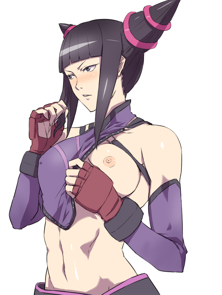 abs bare_shoulders black_eyes black_hair blush breast_slip breasts covered_nipples detached_sleeves drill_hair dudou fingerless_gloves gloves halter_top halterneck han_juri jack_hamster large_breasts navel nipples one_breast_out short_hair simple_background solo street_fighter street_fighter_iv_(series) toned twin_drills