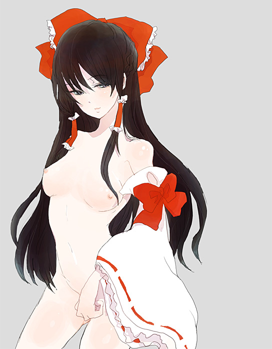 bad_id bad_pixiv_id black_hair bow breasts cai detached_sleeves hair_bow hakurei_reimu long_hair medium_breasts nipples nude solo touhou