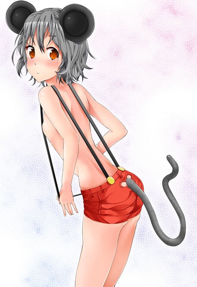 animal_ears bad_id bad_pixiv_id blush cosplay disney flat_chest grey_hair mickey_mouse mickey_mouse_(cosplay) mouse_ears mouse_tail naked_suspenders nazrin revealing_clothes ryouma_(galley) short_hair solo suspenders tail topless touhou