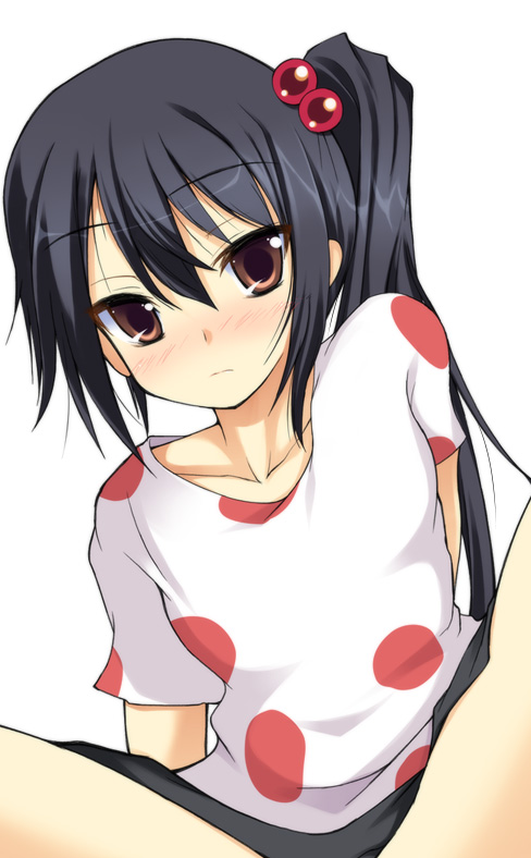 bangs black_hair blush brown_eyes collarbone eyebrows_visible_through_hair frown hair_between_eyes hair_bobbles hair_ornament k-on! listen!! long_hair looking_at_viewer nakano_azusa nose_blush out-of-frame_censoring polka_dot safi shirt short_sleeves side_ponytail simple_background solo spread_legs t-shirt white_background