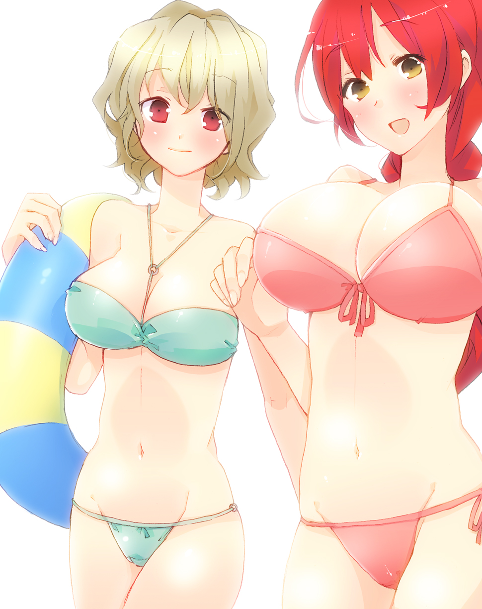 bad_id bad_pixiv_id bikini blush breasts chita cleavage copyright_request groin highres huge_breasts innertube large_breasts looking_at_viewer multiple_girls navel open_mouth ponytail red_eyes red_hair side-tie_bikini simple_background swimsuit white_background yellow_eyes