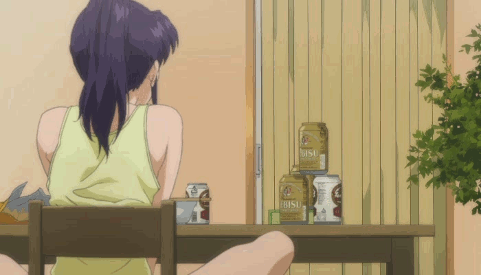 alcohol alternate_hairstyle animated animated_gif ass beer bouncing_breasts breasts can censored chair convenient_censoring curtains drinking_straw evangelion:_2.0_you_can_(not)_advance gif_artifacts katsuragi_misato looking_down medium_breasts multiple_girls neon_genesis_evangelion novelty_censor nude penpen rebuild_of_evangelion scared screencap shikinami_asuka_langley sitting souryuu_asuka_langley table