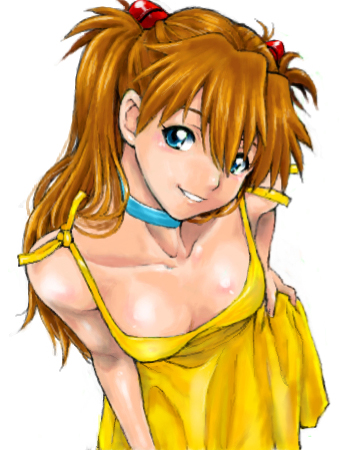 blue_eyes breasts brown_hair choker cleavage collarbone downblouse dress evangelion:_2.0_you_can_(not)_advance hand_on_hip harukaze_koucha head_tilt leaning_forward long_hair lowres medium_breasts neon_genesis_evangelion rebuild_of_evangelion shikinami_asuka_langley simple_background solo souryuu_asuka_langley yellow_dress