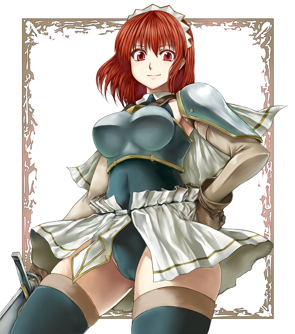 breastplate cameltoe capelet cecily_cambell enu_(n_storage) gloves hand_on_hip leotard red_eyes red_hair seiken_no_blacksmith skirt smile sword thighhighs weapon