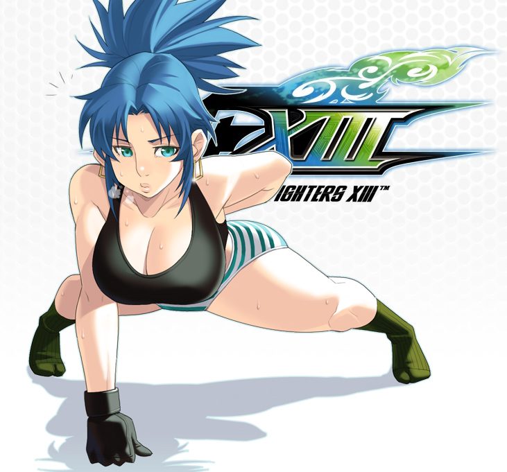 bad_id bad_pixiv_id blue_eyes blue_hair blush breasts breath cleavage earrings exercise gloves hanging_breasts jewelry large_breasts legs leona_heidern lips long_legs maou_alba panties ponytail push-ups socks solo spread_legs steam striped striped_panties sweat tank_top the_king_of_fighters the_king_of_fighters_xiii thighs underwear