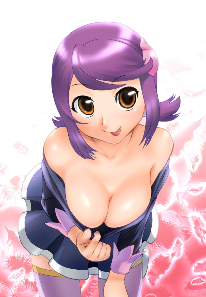 :p bangs bare_shoulders battle_spirits battle_spirits:_shounen_gekiha_dan bent_over breast_squeeze breasts cleavage downblouse dress dress_pull feathers hair_ornament large_breasts looking_at_viewer no_bra orange_eyes pulled_by_self purple_hair purple_legwear short_dress short_hair short_twintails smile solo thighhighs tongue tongue_out twintails ueyama_michirou undressing viole_mai zettai_ryouiki