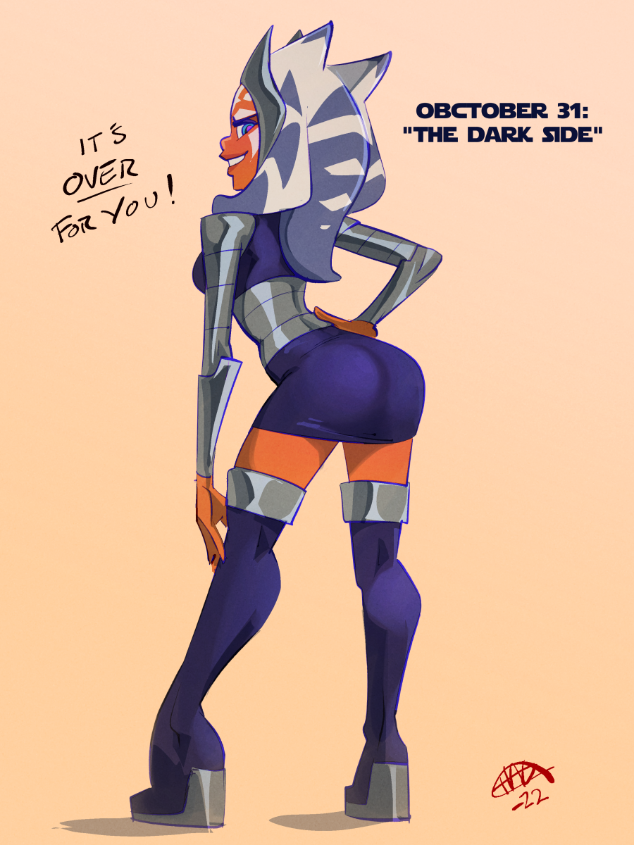 2022 ahsoka_tano alien alien_humanoid blue_eyes boots breasts butt clone_wars clothing dc_comics dialogue english_text facial_markings female footwear head_markings hi_res humanoid legwear lekku_(anatomy) looking_at_viewer looking_back looking_back_at_viewer markings not_furry orange_body orange_skin princess_komand'r rockbottomfeeder smile solo star_wars teen_titans text thigh_boots thigh_highs togruta