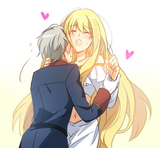 1boy 1girl aki_(neyuki41028) aldnoah.zero asseylum_vers_allusia blonde_hair blue_jacket blush closed_eyes couple gloves grey_hair heart hetero holding_another's_wrist jacket kiss long_hair long_sleeves midriff navel open_mouth saliva saliva_trail shiny shiny_hair short_hair sketch slaine_troyard stomach straight_hair sweatdrop very_long_hair white_background white_gloves