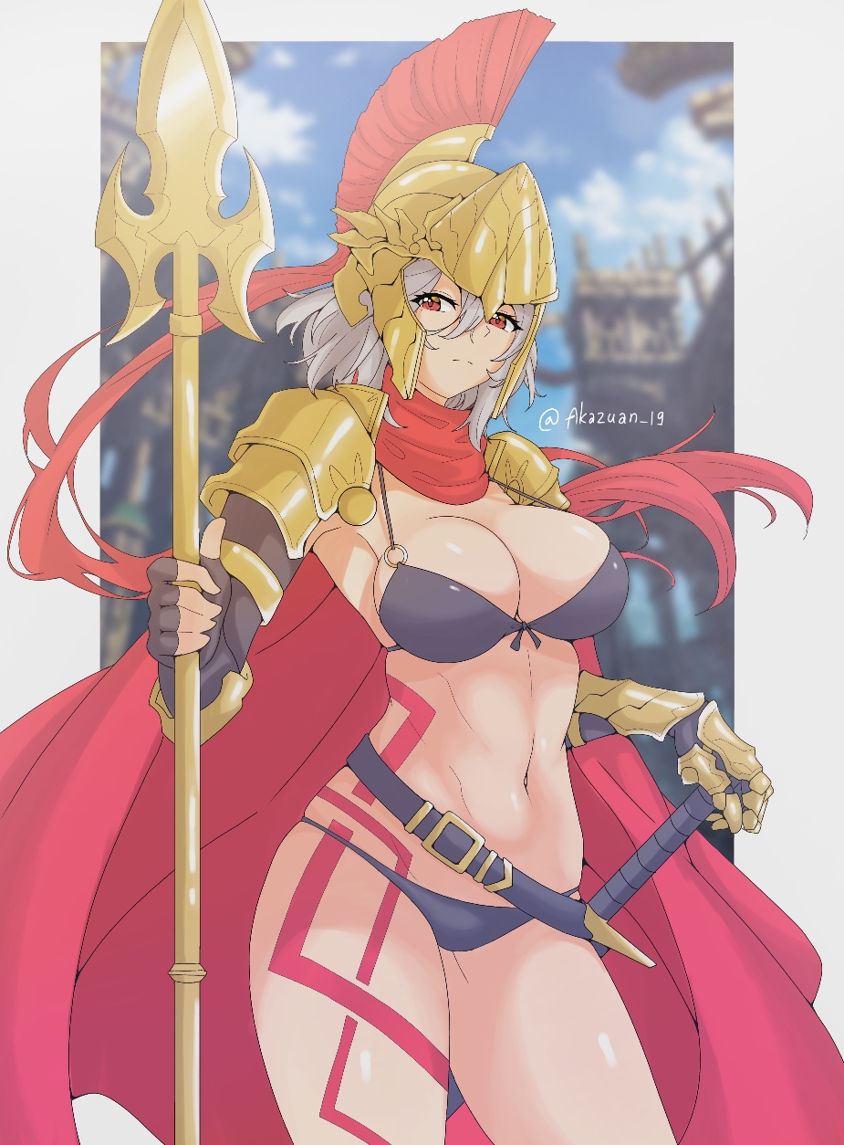 1girl akazuan_19 armor bikini blush breasts brown_eyes cape gauntlets grey_hair helmet highres holding holding_polearm holding_sword holding_weapon large_breasts linea_alba looking_at_viewer original polearm red_cape short_hair shoulder_armor simple_background solo spear string_bikini swimsuit sword tattoo third-party_source weapon wide_hips yellow_headwear