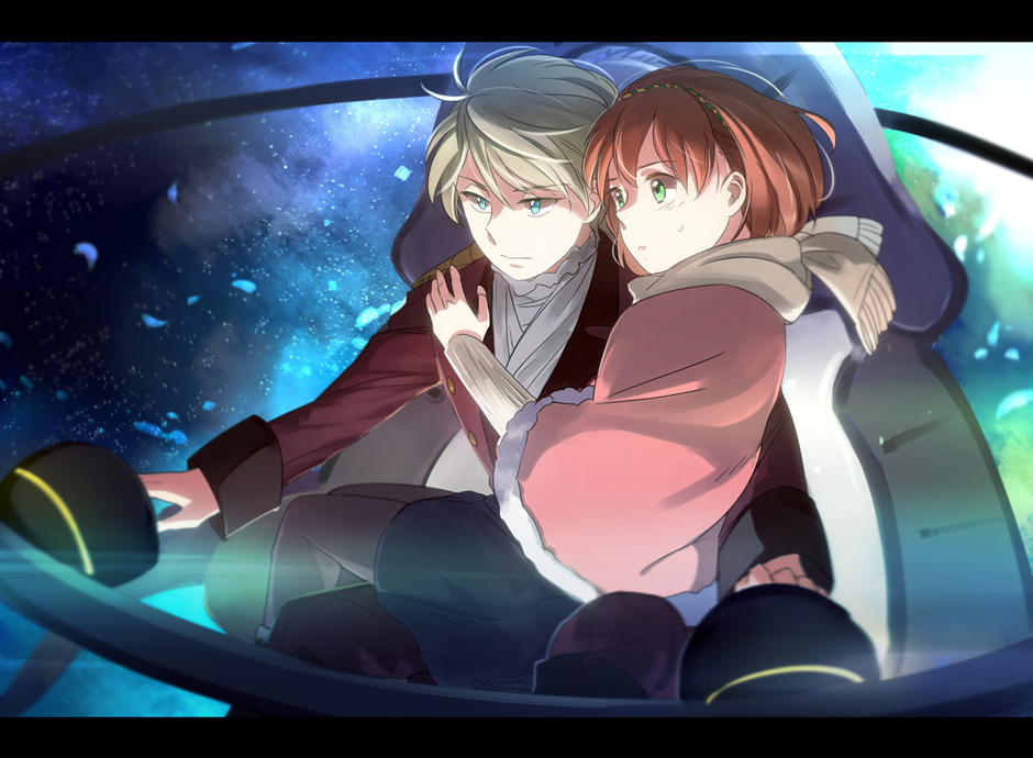 1boy 1girl aki_(neyuki41028) aldnoah.zero asseylum_vers_allusia bangs black_pantyhose black_skirt blonde_hair blue_eyes blush brown_hair capelet closed_mouth cockpit fur-trimmed_capelet fur_trim green_eyes grey_scarf grey_sweater hair_between_eyes hairband jacket long_sleeves military military_uniform miniskirt pants pantyhose parted_lips pink_capelet purple_pants red_jacket scarf short_hair sitting sitting_on_lap sitting_on_person skirt slaine_troyard sweatdrop sweater uniform