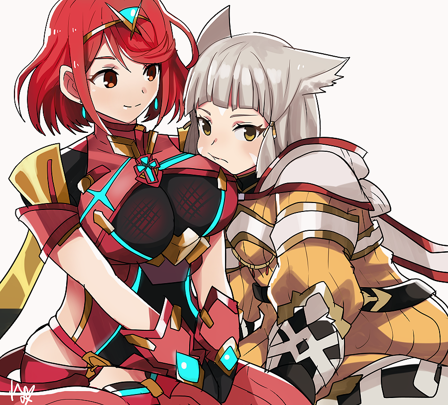 2girls animal_ears bangs black_gloves blunt_bangs bodysuit breasts cat_ears chest_jewel earrings fingerless_gloves gloves grey_hair jewelry large_breasts multiple_girls nia_(xenoblade) pyra_(xenoblade) red_eyes red_hair red_shorts rem_sora410 short_hair short_shorts shorts swept_bangs thighhighs tiara white_gloves xenoblade_chronicles_(series) xenoblade_chronicles_2 yellow_bodysuit yellow_eyes