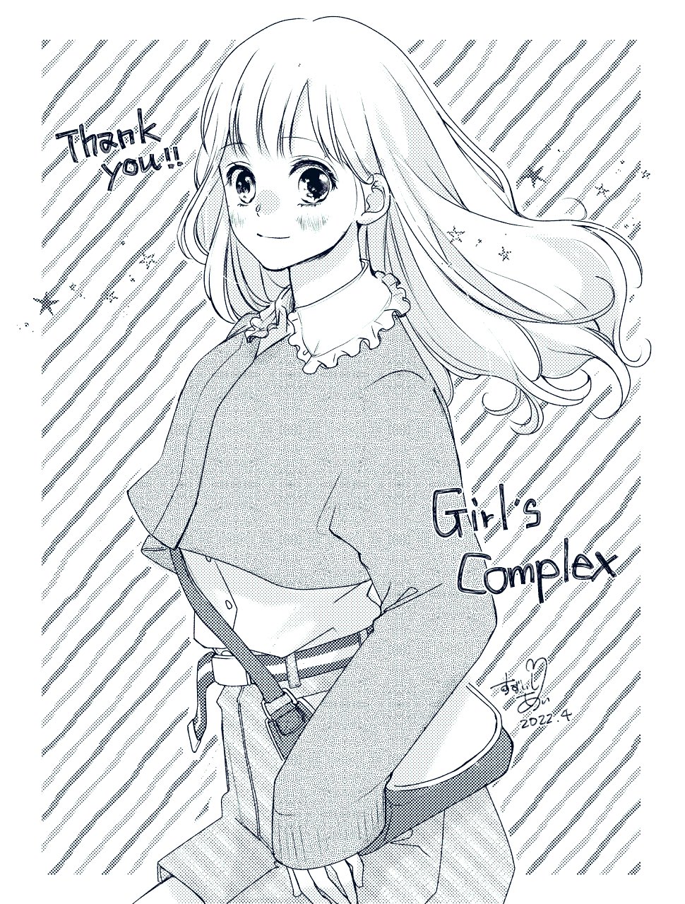 1girl bag bangs belt blouse buckle cardigan collar dated diagonal_stripes english_text frilled_collar frills greyscale hair_behind_ear handbag highres long_hair long_sleeves looking_at_viewer monochrome original pleated_skirt shirt signature skirt sleeves_past_wrists smile solo star_(symbol) striped suzuishi_ai thank_you white_collar white_hair white_shirt