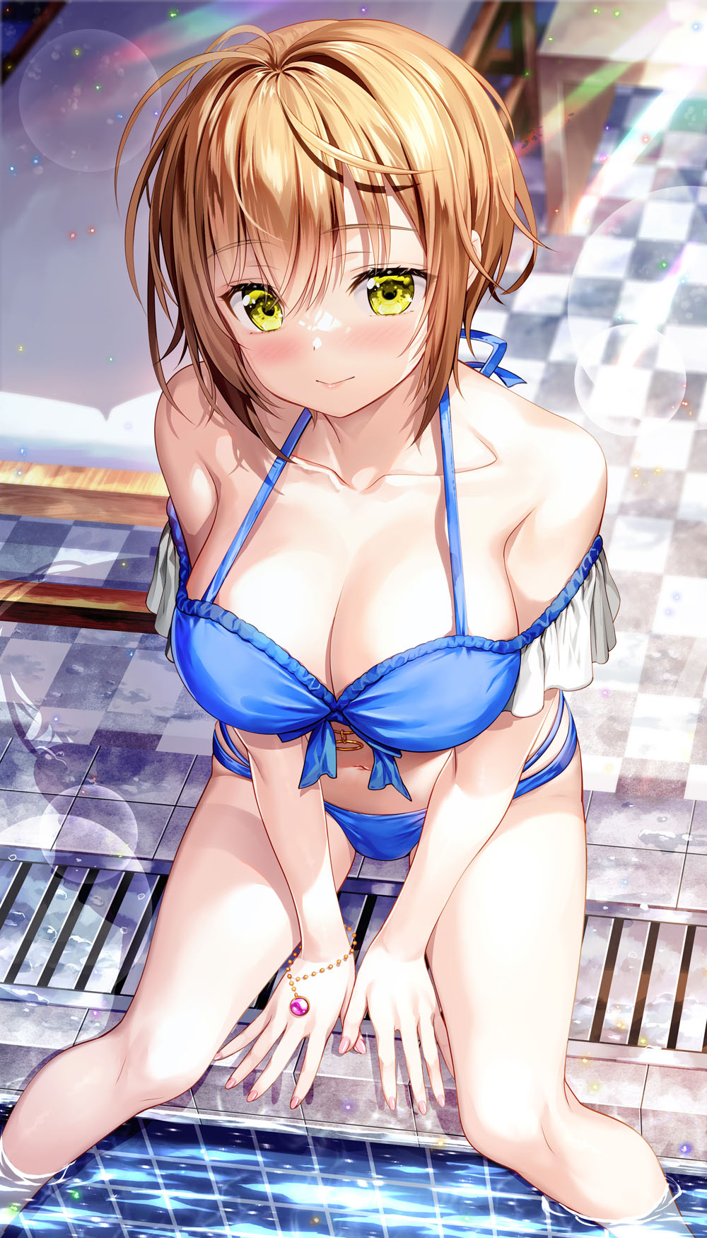 1girl bare_shoulders bead_bracelet beads bikini blue_bikini blush bracelet breasts cleavage closed_mouth collarbone commentary_request drain_(object) feet_out_of_frame from_above fujima_takuya green_eyes halterneck highres jewelry lane_line large_breasts multi-strapped_bikini off-shoulder_bikini off_shoulder original second-party_source short_hair soaking_feet solo swimsuit thighs water