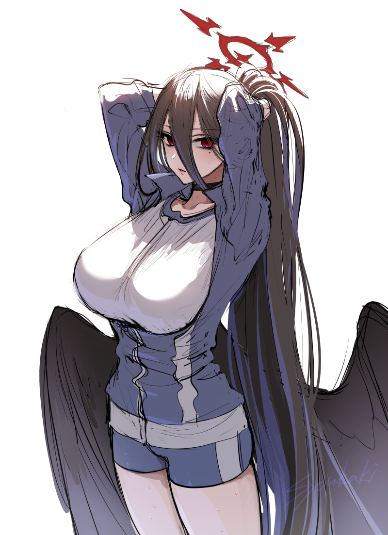 1girl adjusting_hair arms_up bangs black_choker black_hair black_wings blue_archive blue_jacket blue_shorts breasts choker feathered_wings hair_between_eyes halo hasumi_(blue_archive) hasumi_(gym_uniform)_(blue_archive) huge_breasts jacket long_hair looking_at_viewer low_wings mole mole_under_eye parted_lips partially_unzipped ponytail red_eyes shirt short_shorts shorts shoukaki_(earthean) simple_background solo very_long_hair white_background white_shirt wings