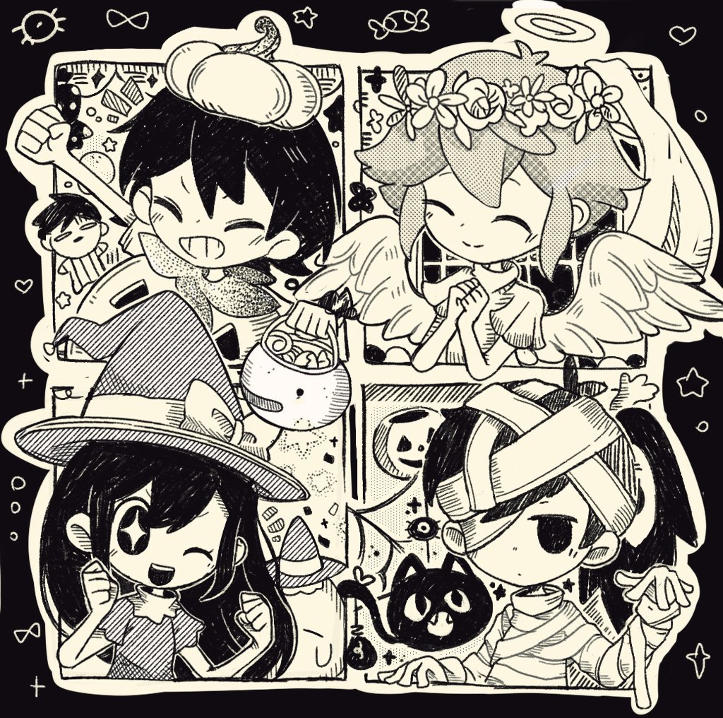 +_+ 1girl 4boys angel_costume angel_wings aubrey_(omori) basil_(omori) basket blush cat closed_eyes closed_mouth greyscale grin halo hat hero_(omori) holding holding_basket kel_(omori) long_hair looking_at_viewer mewo monochrome multiple_boys mummy_costume omori one_eye_closed open_mouth parted_lips pumpkin short_hair smile something_(omori) sunny_(omori) super_chair72 teeth wings wizard_hat