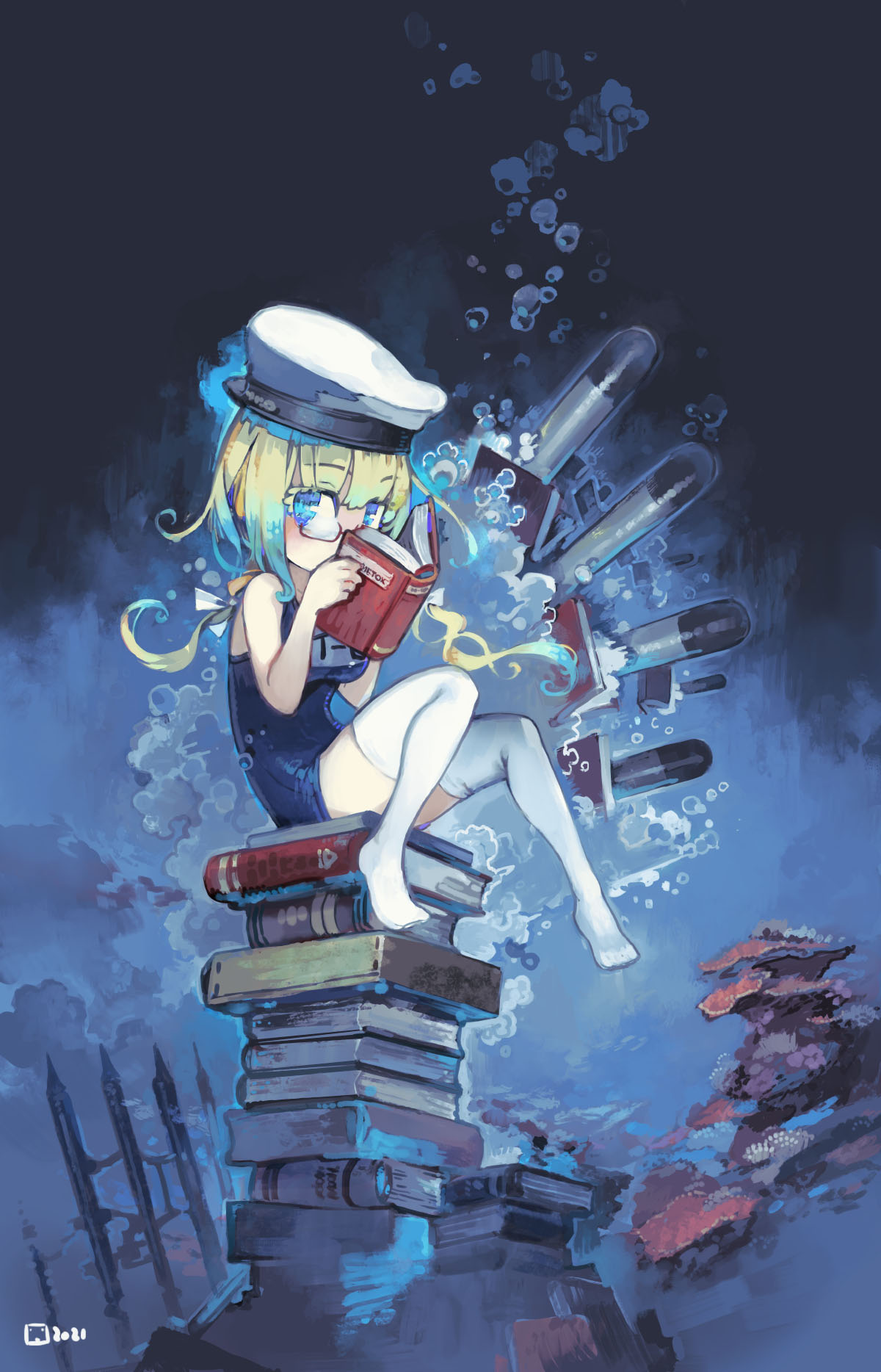 1girl air_bubble blonde_hair blue_eyes blue_one-piece_swimsuit book book_stack breasts bubble glasses hat highres holding holding_book i-8_(kancolle) kantai_collection konno_takashi large_breasts low_twintails name_tag one-piece_swimsuit open_book pile_of_books red-framed_eyewear sailor_hat school_swimsuit semi-rimless_eyewear sitting sitting_on_books solo swimsuit swimsuit_under_clothes thighhighs too_many too_many_books torpedo twintails under-rim_eyewear underwater white_thighhighs