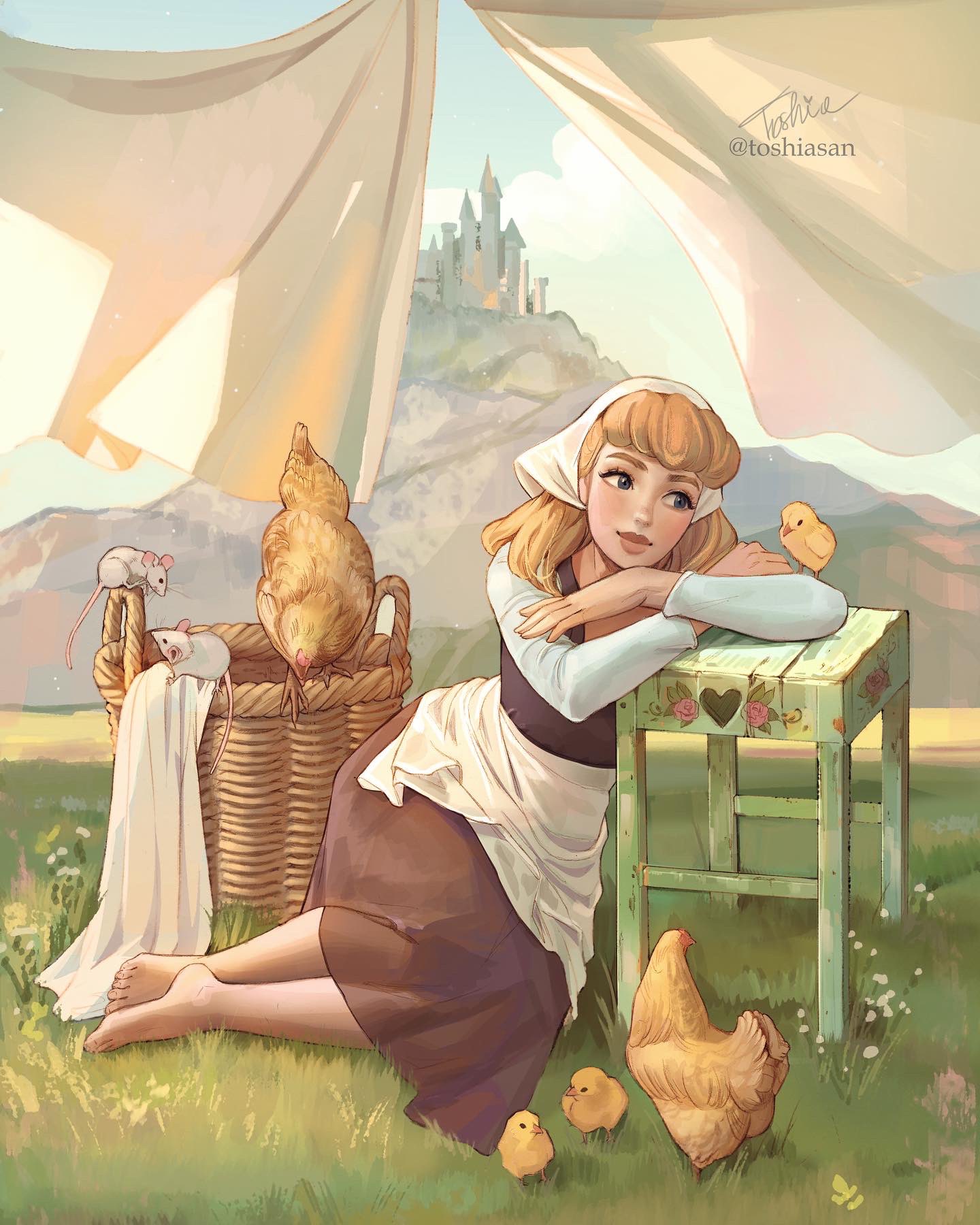 1girl animal apron aurora_(disney) bangs barefoot basket bird blonde_hair castle chair chick chicken flower grass heart highres long_hair long_sleeves mouse outdoors sitting sleeping_beauty smile solo toshiasan waist_apron white_apron