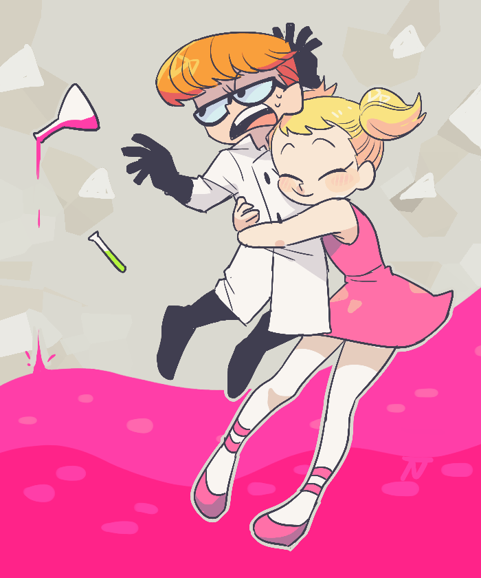 1boy 1girl black_gloves blonde_hair brother_and_sister carrying dee_dee dexter dexter's_laboratory dress flask frown glasses gloves haku_le hug labcoat open_mouth orange_hair pantyhose pink_dress short_dress siblings smile test_tube twintails