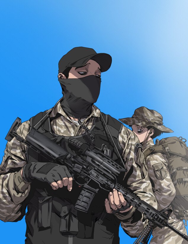 2boys assault_rifle backpack bag black_hair black_mask blue_sky camouflage fingerless_gloves gloves gun holding holding_gun holding_weapon killing_stalking koogi load_bearing_vest looking_at_another looking_down male_focus military military_uniform multiple_boys official_art outdoors rifle short_hair sky uniform very_short_hair watching weapon