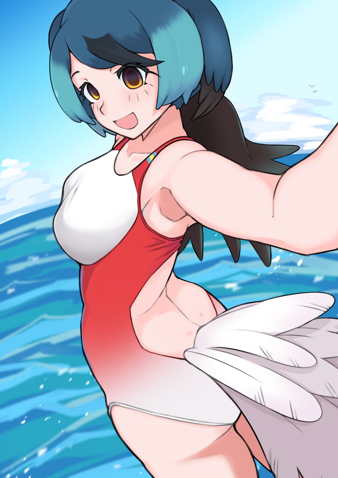 1girl alternate_costume backless_swimsuit bare_arms bare_legs bare_shoulders bird_girl bird_tail bird_wings black_hair blue_hair commentary cowboy_shot gradient_swimsuit head_wings highres illu kemono_friends long_hair multicolored_hair one-piece_swimsuit orange_eyes passenger_pigeon_(kemono_friends) red_one-piece_swimsuit solo swimsuit symbol-only_commentary tail two-tone_swimsuit wading water white_hair white_one-piece_swimsuit wings